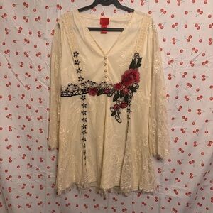 Elegant Cream Long Sleeve Dress with Floral Embroidery